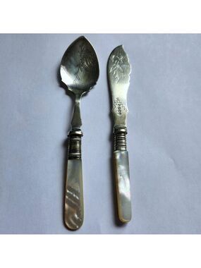 Antique EPNS Preserve Knife & Spoon Set Mother of Pearl Handles 6 1/8"
